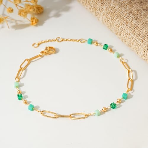 Gold Chain Bracelet for Women, 14K Gold Plated | Dainty Bracelets with Adjustable Chain, Trendy Jewelry Gift for Women - style: beads paper clip