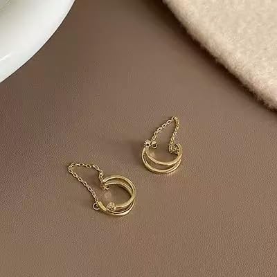 14K Gold Plated Double Layer Cuff Earring with Chain & Cubic Zirconia, Minimalist Dangle Ear Cuff for Women, No Piercing Needed