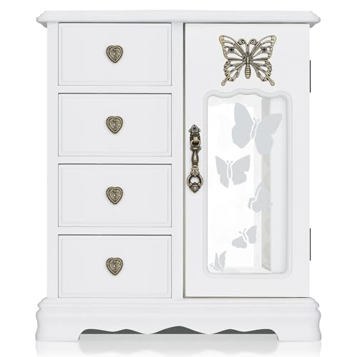 RR ROUND RICH DESIGN Solid Wood Jewelry Box for Women - Vintage Butterfly Glass Door Jewelry Armoire with Mirror, 4 Drawers & Rotating Necklace Carousel White - color: White