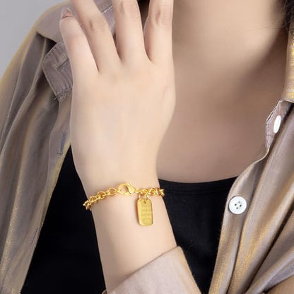 Dankadi Women 925 Sterling Silver Round Cable Wire Link Bracelet Charm Heart-Bell-Square-Circle Pendant Chain Bangle Fine Jewelry Gift For Wife Her - color: 8.5MM Gold Square Pendant, size: 8 in