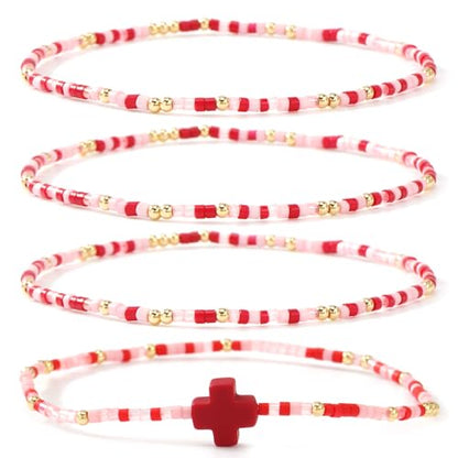Christian Cross Christmas Stackable Seed Beaded Bracelets for Women, Boho Colorful Healing Stretch Accessories God Christ Pray Faith Amulet Jewelry, Daily Party Holiday Friendship Gift - color: Red
