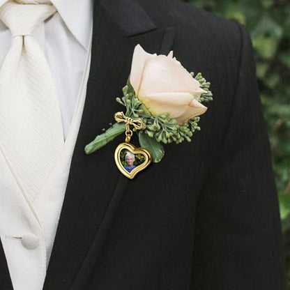 Personalized Photo Wedding Bouquet Charm, Double Sided Round Glass Photo Locket Pendant Pin Brooch, Handmade Memorial Picture Frame Bridal Shower Gift For Bride & Groom - color: Tilted Heart - Gold