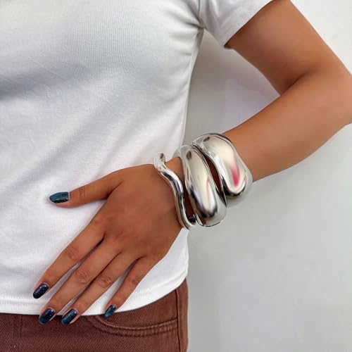 Big Chunky Gold Bracelets Set for Women 3Pcs Cuff Wide Bracelet Trendy High Shine Bracelets Minimalist Open Wide Cuff Bracelets Gold Bangle Bracelet Jewelry for Women - style: A-Silver