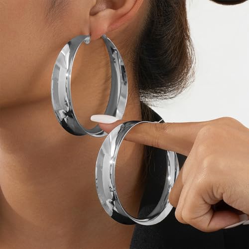 Large Hoop Earrings for Women Lightweight Chunky Earrings | Big Hoop Earrings for Women Chunky Jewelry 70s Outfits for Women - style: Hoop-Silver-03