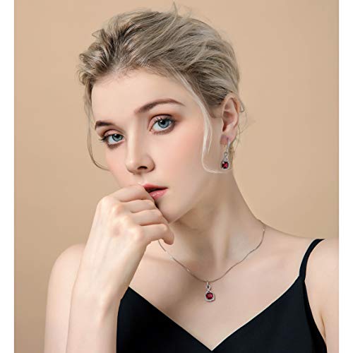 AMYJANE Crystal Jewelry Set for Women - Sterling Silver Square Cubic Zirconia CZ Bridal Pendant Necklace Earrings Set for Wedding Bride Bridesmaids Birthstone Fashion Jewelry Set - color: Ruby