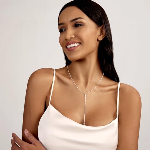 Zeffy Lariat Gold Necklace for Women, Dainty Long Necklace 14k Gold/Silver Plated Layered CZ Beaded Bar Chain Y-Shaped Body Chain Stack Drop Wedding Necklace Trendy Simple Gold Jewelry Gifts - color: Silver CZ Y Necklace(1PCS)