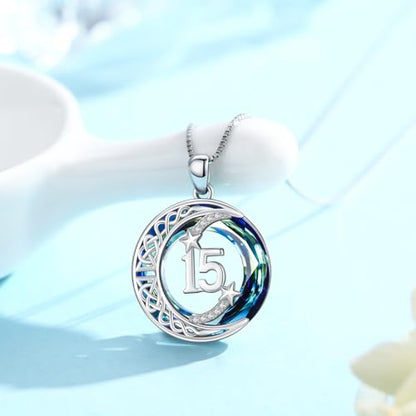 JUSTKIDSTOY Birthday Gifts for Women Girls 925 Sterling Silver Celtic Moon Star Necklace with Blue Crystal Pendant Jewelry for Sister Friends - style: 15th