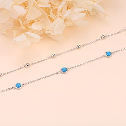 Flyow Anklet for Women S925 Sterling Silver Adjustable Foot Beaded Heart Charm Ankle Bracelet Anklets Jewelry - style: turquoise