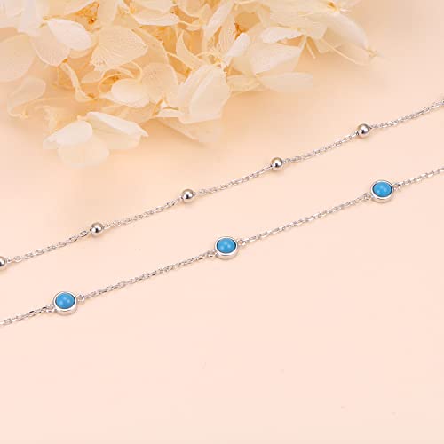 Flyow Anklet for Women S925 Sterling Silver Adjustable Foot Beaded Heart Charm Ankle Bracelet Anklets Jewelry - style: turquoise