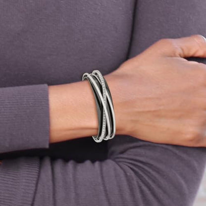 Chisel Layered Cuff Bangle in Stainless Steel with Crystals, 16mm