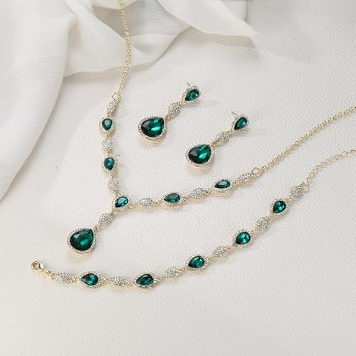EleQueen Women's Wedding Bridal Jewelry Sets for Brides Bridesmaids, Cubic Zirconia Teardrop Necklace Tennis Bracelet Dangle Earrings Jewellery Set - color: 03-Emerald Color Gold-Tone