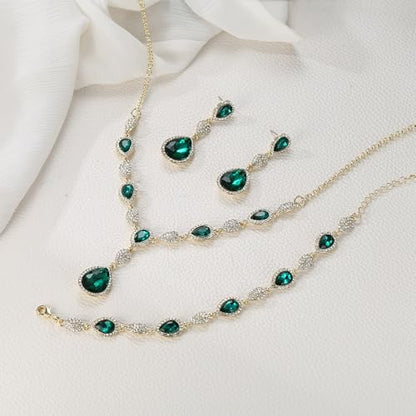 EleQueen Women's Wedding Bridal Jewelry Sets for Brides Bridesmaids, Cubic Zirconia Teardrop Necklace Tennis Bracelet Dangle Earrings Jewellery Set - color: 03-Emerald Color Gold-Tone