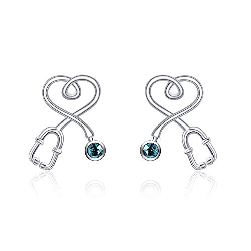 Stethoscope Earrings 925 Sterling Silver Heart Studs Earrings 12 Months Birthstone Crystals from Austria, Graduation Jewelry Gifts for Nurse Doctor RN Medical Student - color: Simulated Turquoise