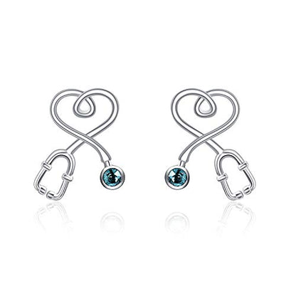 Stethoscope Earrings 925 Sterling Silver Heart Studs Earrings 12 Months Birthstone Crystals from Austria, Graduation Jewelry Gifts for Nurse Doctor RN Medical Student - color: Simulated Turquoise