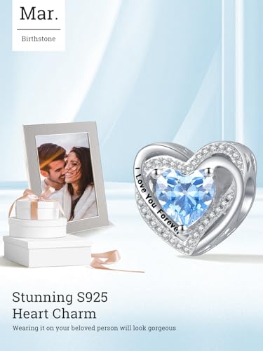 Heart Birthstone Charms for Bracelets, 925 Sterling Silver Women Bead Charms for Charm Bracelets Necklace, Mother's Day Birthday Anniversary Jewelry Gifts for Wife Mom Grandma Daughter - style: Bead - Mar - Aquamarine