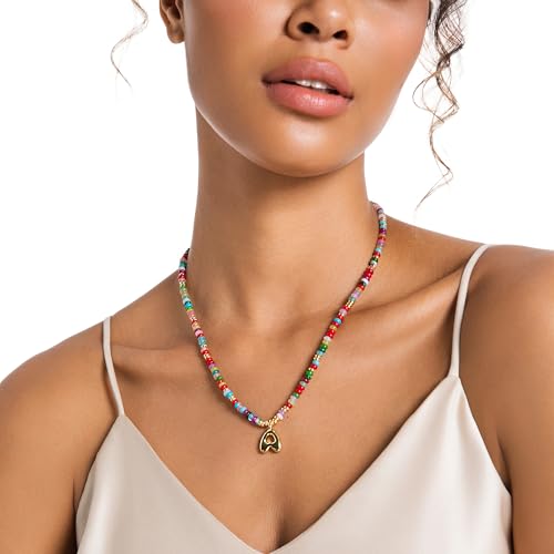 YOUFENG Initial Letter Necklaces for Women Colorful Beaded Gemstone Choker 14K Gold Plated Bubble Letter Pendant Necklace Natural Stone Handmade Jewelry Gift - color: R