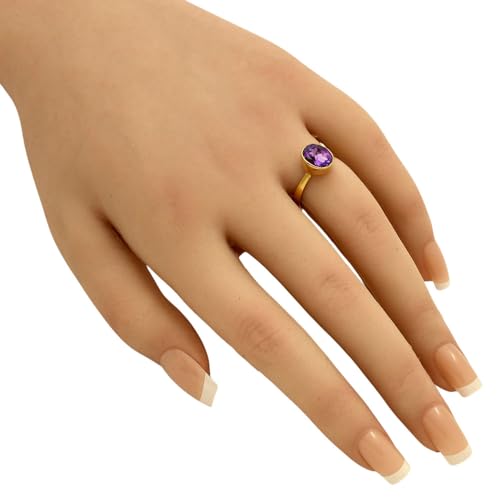 18K Gold Filled Non-Tarnish Ring for Women – Oval Multi Gemstone Solitaire Band – Classic Birthstone Jewelry for Everyday Wear - color: Amethyst