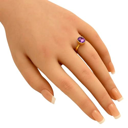 18K Gold Filled Non-Tarnish Ring for Women – Oval Multi Gemstone Solitaire Band – Classic Birthstone Jewelry for Everyday Wear - color: Amethyst