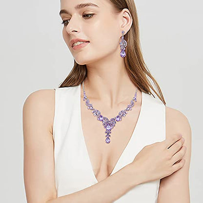 EVER FAITH Rhinestone Crystal Bridal Floral Wave Teardrop Necklace Earrings Set - color: 2pcs_Light Purple