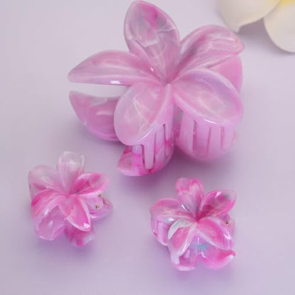 Flower Hair Clips for Women Girls Claw Clips Light Rose Pink Plumeria with Marble Design Barrettes Summer Hair Clip Fashion Hair Styling Accessories for Thick Thin Hair(3Pcs: 1 Large 2Small) - color: Light Rose-Pink