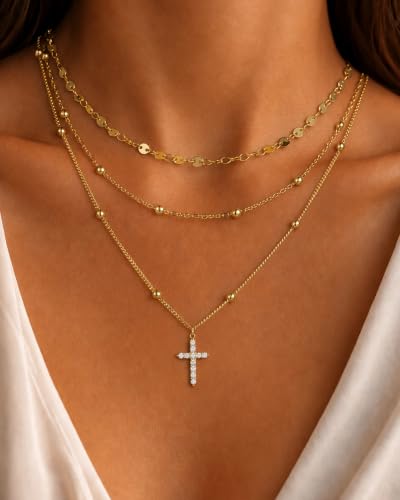 3 Pcs 14K Gold Plated Layered Gold Necklaces Stack for Women Pendant Set | Stackable Layering Design,Lightweight Fit,Tarnish-Resistant Finish,Adjustable Size,Less Tangling,Pretty Gift Jewelry - color: Gold CZ Cross