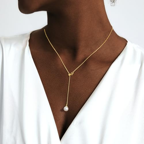 Luxval Lariat Gold Necklace for Women, Dainty Long Necklace 14k Gold Plated/Silver Y-Shaped Pendant Necklaces Trendy Beaded Chain Drop Necklaces Jewelry for Women Gifts - color: Gold-adjustable Pearl