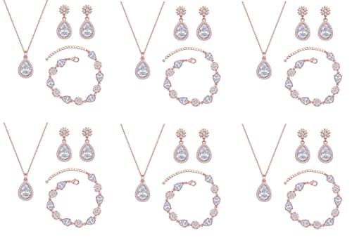 Bridesmaid Jewelry Set for Women,Pendant 18K Gold & Silver & Rose Gold Pendant Necklace Earrings Bracelet Set,Dainty Gift for Wedding/Proposal/Party/Anniversary - color: ROSE GOLD - 6 SETS