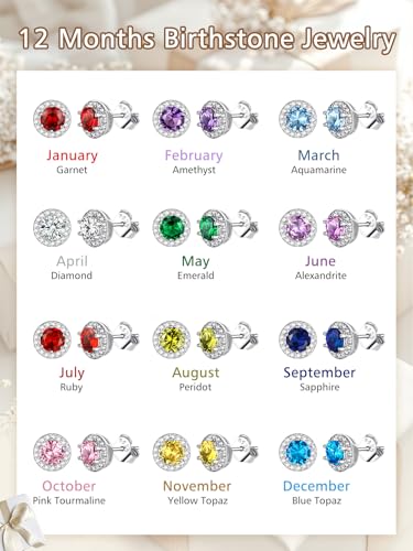 FindChic Birthstone Earrings for Women, Round/Heart/Square/Teardrop Earrings with 925 Sterling Silver Posts & Push Backs, Hypoallergenic Studs with Cubic Zirconia, 12 Months Jewelry with Gift Box - style: 08. August-Peridot (Round)