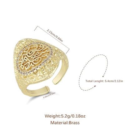 HZMAN Brass Crystal Adjustable Open Ring Collection, Multi-Style Statement Rings for Women & Men, Mix Cut & Paved Crystal Designs - color: Arabic Calligraphy Ring