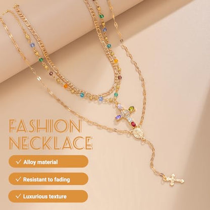 Layered Cross Necklace Set for Women, Layered Choker Necklaces Trendy Jewelry, Colorful Enamel Beaded Y-Shaped Lariat Necklace, Boho Multilayer Cross Necklace for Party and Daily Wear - color: Gold-10