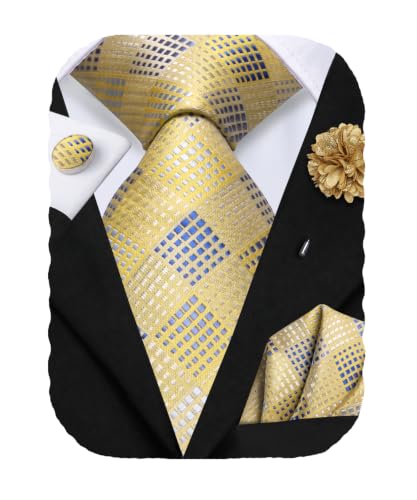 Hi-Tie Men's Silk Ties Formal Woven Classic Necktie Pocket Square Cufflinks Lapel Pin Set Wedding Business - color: A Yellow and Blue