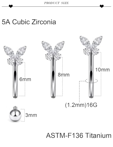 16G Astm F136 Titanium Eyebrow Piercing Jewelry Curved Barbell Eyebrow Ring Vertical Labret Lip Jewelry Daith Rook Earrings Navel Small Belly Button Ring Piercing Jewelry for Women Men CZ - style: 16G, 10MM Length-A