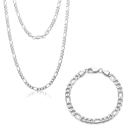 Stainless Steel Figaro Link Chain 6.5 Inches Silver Bracelet+20 Inches Necklace