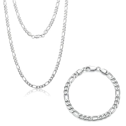 Stainless Steel Figaro Link Chain 6.5 Inches Silver Bracelet+20 Inches Necklace
