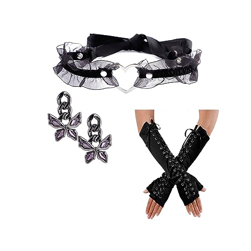 Eigso Velvet Gothic Garter for Women Heart Leg Ring with Rivets Elastic Lace Bracelets Choker Set - color: Black - A1