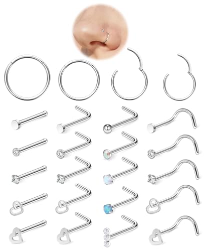 Hoeudjo Hinged Nose Rings Hoop Surgical Steel Cubic Zirconia Nose Studs Kit for Women Men Tiny Nose Stud Screw & Bone & L Shaped Nostril Rings Piercing Jewelry 20-18 Gauge 24 Pieces - color: 18g
