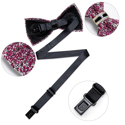 DiBanGu Mens Rhinestone Bow Tie with Ring and Lapel Pin Set | Adjustable Strap,Pre-tied Style,3PCS,Sequin Diamond Bowties，Solid/Mix Color,Shiny Accessory,for Party Prom Banquet Wedding - color: Hot Pink
