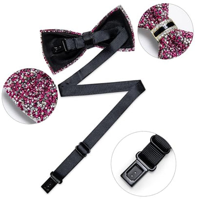 DiBanGu Mens Rhinestone Bow Tie with Ring and Lapel Pin Set | Adjustable Strap,Pre-tied Style,3PCS,Sequin Diamond Bowties，Solid/Mix Color,Shiny Accessory,for Party Prom Banquet Wedding - color: Hot Pink