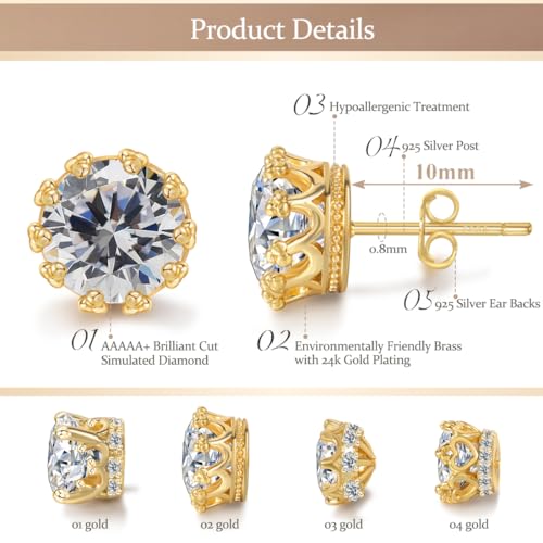 Hypoallergenic Cubic Zirconia Stud Earrings for Women & Men 24K Gold Plated Sterling Silver Post, CZ Simulated Diamond Halo Studs Sensitive Ear Friendly Gift (ED-31) - color: Gold 02