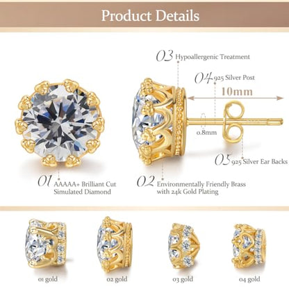 Hypoallergenic Cubic Zirconia Stud Earrings for Women & Men 24K Gold Plated Sterling Silver Post, CZ Simulated Diamond Halo Studs Sensitive Ear Friendly Gift (ED-31) - color: Gold 02