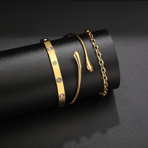 18K Gold Plated Bangle Bracelet Set for women,Cubic Zirconia Classic Stainless Steel Adjustable Gold Tennis Love Bracelets Stack for women and men - color: Water drop bracelet set