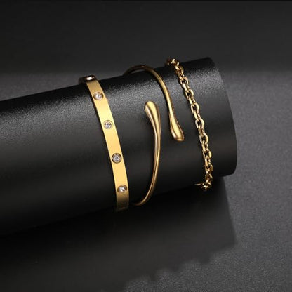 18K Gold Plated Bangle Bracelet Set for women,Cubic Zirconia Classic Stainless Steel Adjustable Gold Tennis Love Bracelets Stack for women and men - color: Water drop bracelet set