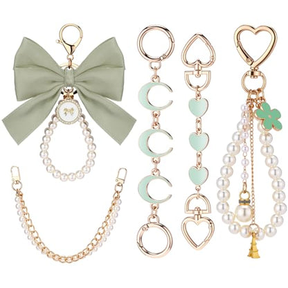 Sureio 5 Pcs Bag Extender Chain Pearl Purse Chain Ribbon Bow Keychain Extender Bag Strap Purse Charms Accessories for Handbag - color: Green and Gold