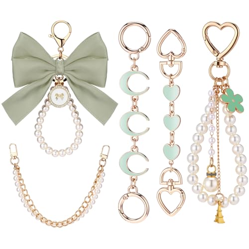 Sureio 5 Pcs Bag Extender Chain Pearl Purse Chain Ribbon Bow Keychain Extender Bag Strap Purse Charms Accessories for Handbag - color: Green and Gold