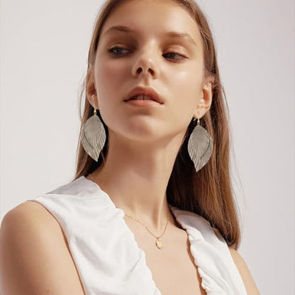 Genuine Leather Handmade Fringe Feather Lightweight Dangle Drop Earrings Teardrop Tassel Hook Earrings for Women - style: 10 Light Gray