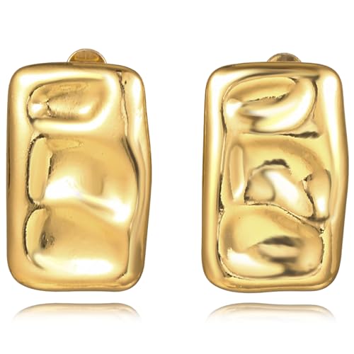 REELMAR Chunky Geometric Clip On Earrings for Women Trendy Gold-Plated Thick Hammered Rectangle Dupes Earrings Minimalist Statement Earrings No Piercing Clips - color: Square-Gold