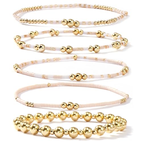 5Pcs Stack Gold Plated Ball Beaded Bracelets Set for Women, Boho Handmade Colorful Glass Pearl Stretch Accessories Jewelry, Summer Beach Daily Wear Holiday Friendship Gift - color: Peach