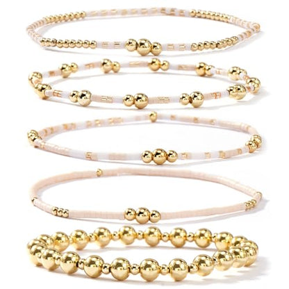 5Pcs Stack Gold Plated Ball Beaded Bracelets Set for Women, Boho Handmade Colorful Glass Pearl Stretch Accessories Jewelry, Summer Beach Daily Wear Holiday Friendship Gift - color: Peach