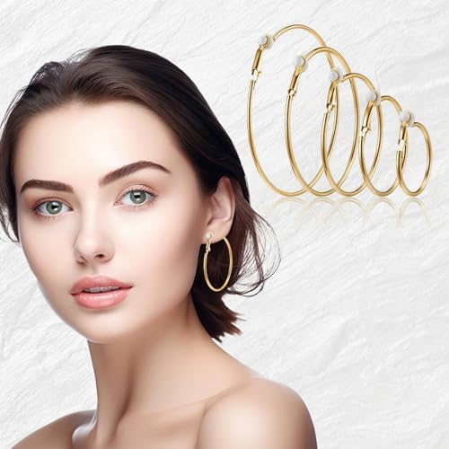 5 Pairs Stainless Steel Clip on Earrings Hoop Stylish Simple Hoop Earrings 30/40/50/60/70mm for Women Thin Lightweight Dangle Set,(Gold)