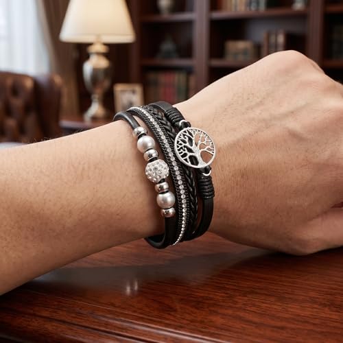 Multi-Layer Bracelets for Women Leather Wrap Bracelet Ethnic Style Layered Beads Cuff Boho Bangle for Everyday Wear Jewelry Gift - color: White